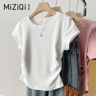 【ship in 24hours】Áo thun nữ cổ tròn Cotton nguyên chất mùa hè, áo ngắn thiết kế xếp li