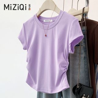 【ship in 24hours】Áo thun nữ cổ tròn Cotton nguyên chất mùa hè, áo ngắn thiết kế xếp li