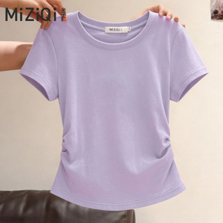 【ship in 24hours】Áo thun nữ cổ tròn Cotton nguyên chất mùa hè, áo ngắn thiết kế xếp li