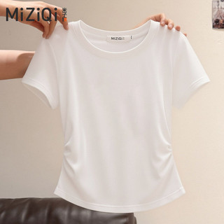 【ship in 24hours】Áo thun nữ cổ tròn Cotton nguyên chất mùa hè, áo ngắn thiết kế xếp li