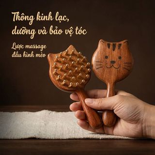Lược Massage Mèo Đầu Da Đầu Kinh Tuyến Lược Dày Răng Rộng Trị Liệu Nữ Đồng Vàng Gỗ Đàn Hương Lược