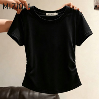 【ship in 24hours】Áo thun nữ cổ tròn Cotton nguyên chất mùa hè, áo ngắn thiết kế xếp li
