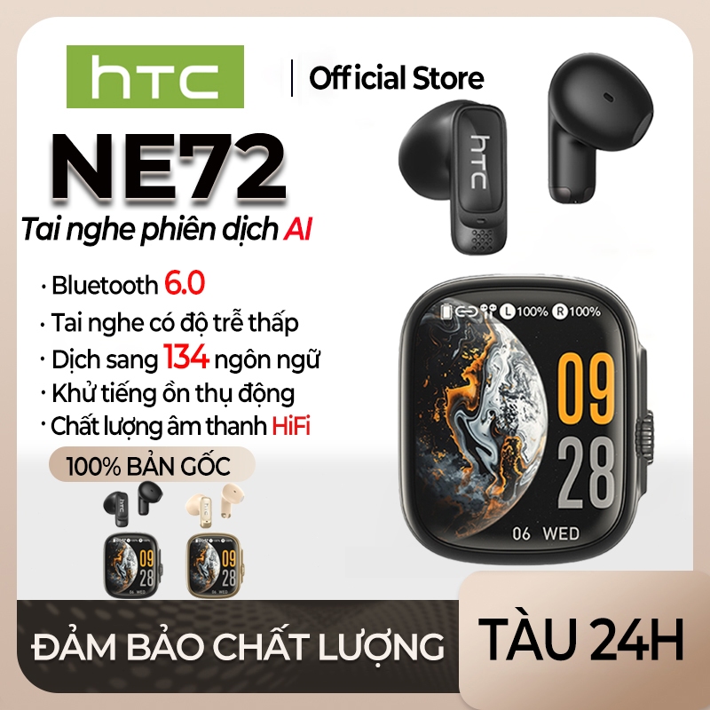 HTC NE72 Tai nghe dịch thuật AI Tai nghe Bluetooth 6.0 Hỗ trợ dịch 134 ngôn ngữ Chống ồn ENC Micro đàm thoại cực rõ Chống nước IPX5 Âm thanh Hi-Fi Độ trễ thấp Tai nghe chuyên dụng cho Gaming