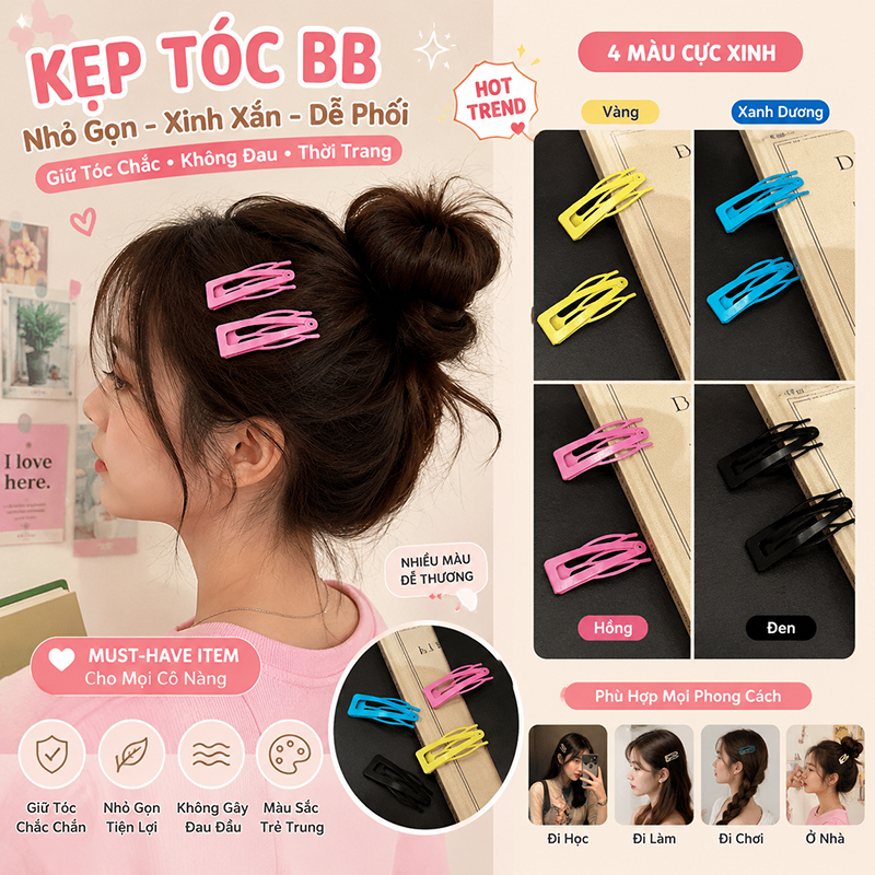 Kẹp tóc BB nhỏ dễ thương 4 màu xu hướng hot cho mọi cô gái [Có sẵn - Giao hàng nhanh]
