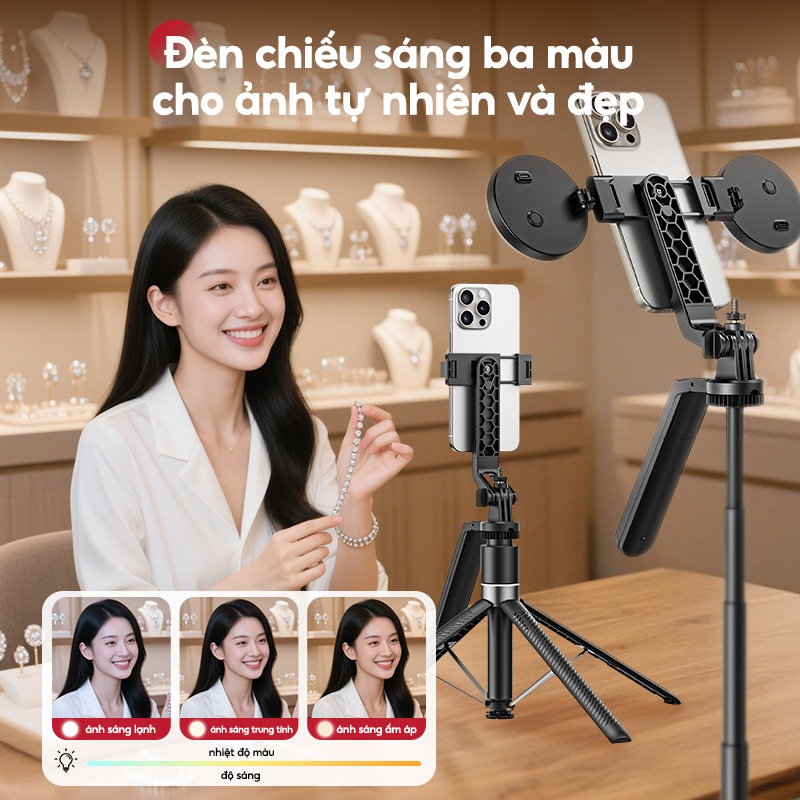 【Xoay 360°】SOARFLY Chân Máy Bluetooth Kèm Đèn LED Và Điều Khiển Từ Xa, Giá Đỡ Điện Thoại Có Thể Thu Gọn Cho Livestream, Vlog Và Du Lịch