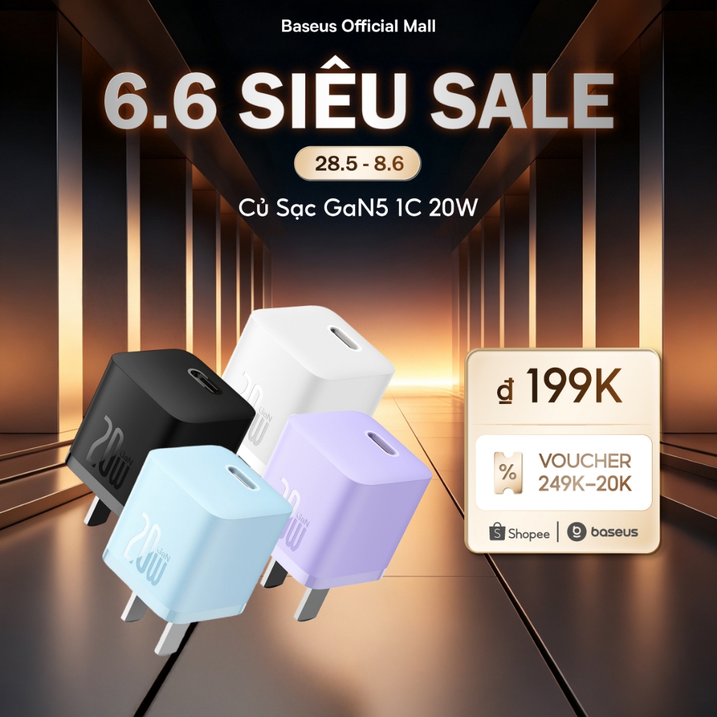 Củ sạc nhanh BASEUS PD 20W GaN5 1C thích hợp cho i14 13 12 pro max