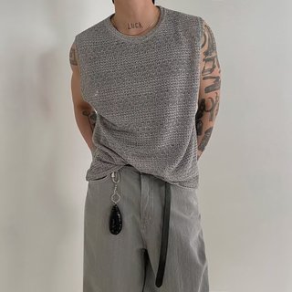 Đẹp Trai Rỗng Dệt Kim Áo Vest Nam Mùa Hè Rời Tay Áo Thun Phiên Bản Hàn Quốc Hợp Thời Trang Niche Cổ Tròn Áo Vest Top