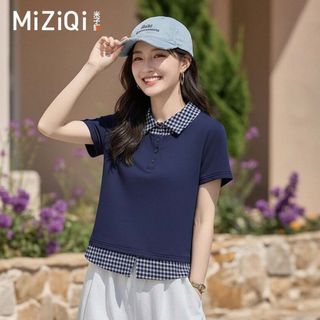 【Nên mua】áo kiểu nữ polo tay ngắn giả hai lớp cổ caro xanh, dáng ôm chất thun mềm