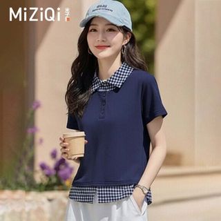 【Nên mua】áo kiểu nữ polo tay ngắn giả hai lớp cổ caro xanh, dáng ôm chất thun mềm