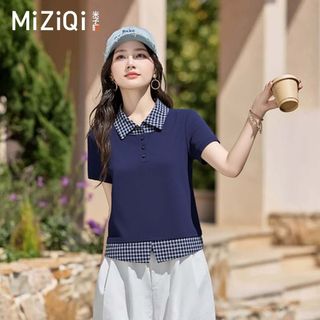 【Nên mua】áo kiểu nữ polo tay ngắn giả hai lớp cổ caro xanh, dáng ôm chất thun mềm