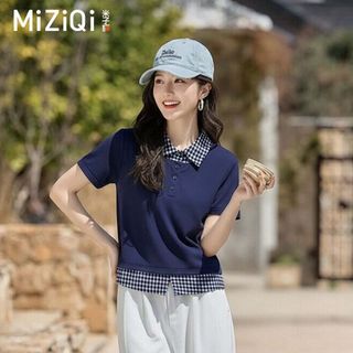 【Nên mua】áo kiểu nữ polo tay ngắn giả hai lớp cổ caro xanh, dáng ôm chất thun mềm