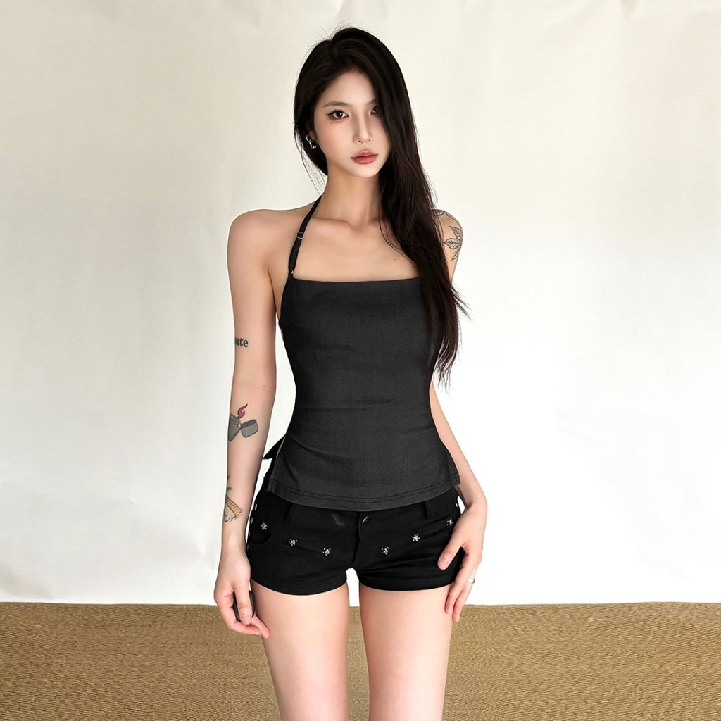 Klalien Gợi Cảm Chắc Chắn Lưng Áo Dây Sling Chia Vai Skinny Mùa Hè Thư Giãn Hipster Nữ Mỹ Vintage Phong Cách Đường Phố