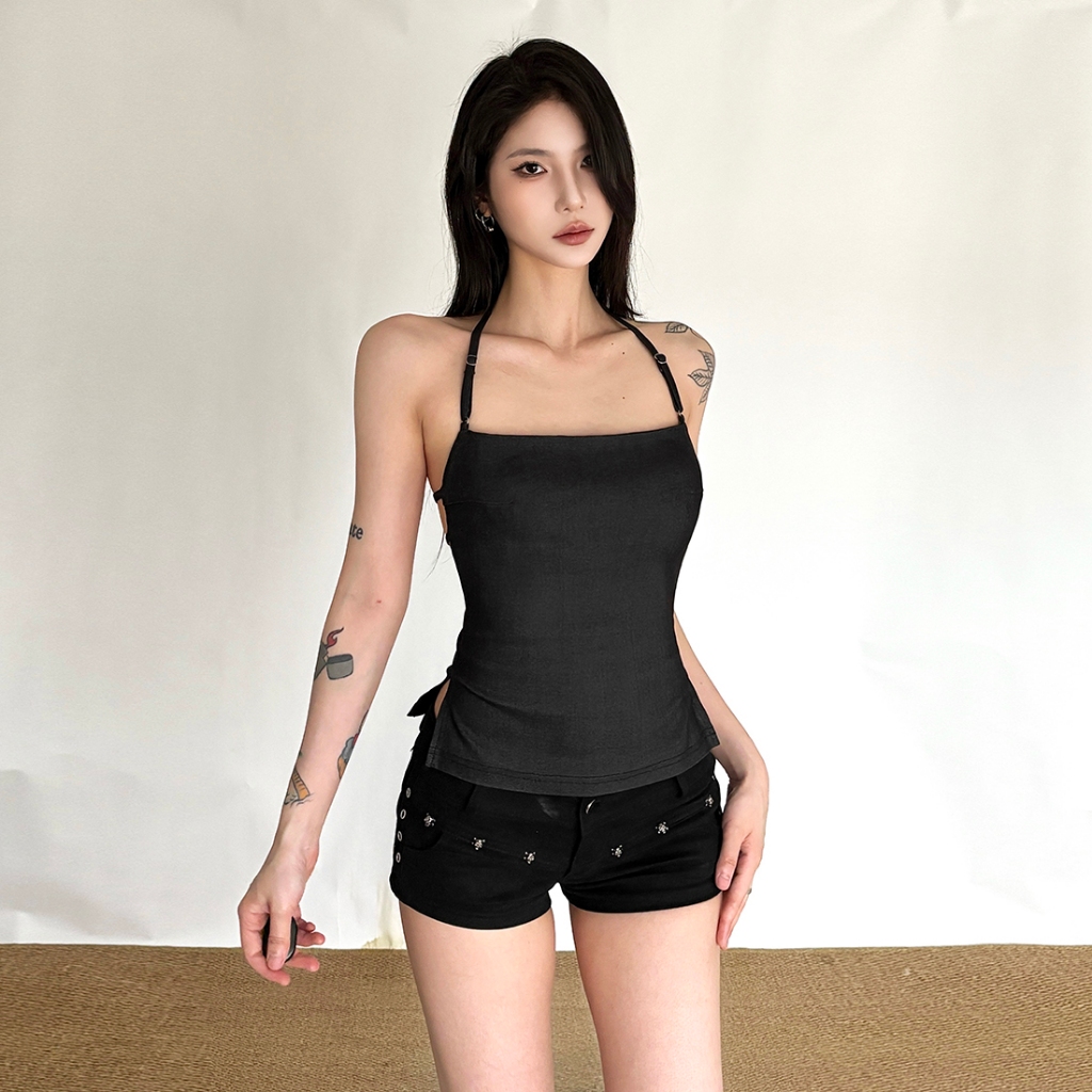 Klalien Gợi Cảm Chắc Chắn Lưng Áo Dây Sling Chia Vai Skinny Mùa Hè Thư Giãn Hipster Nữ Mỹ Vintage Phong Cách Đường Phố