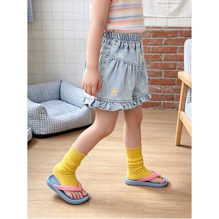 MuyoNowo Bé Gái Nhẹ Rửa Denim Ruffle Quần Short Hoa Nhỏ Thêu Eo Co Giãn Trẻ Em Mùa Hè Skort