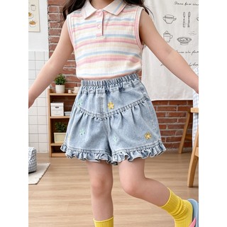 MuyoNowo Bé Gái Nhẹ Rửa Denim Ruffle Quần Short Hoa Nhỏ Thêu Eo Co Giãn Trẻ Em Mùa Hè Skort