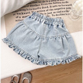 MuyoNowo Bé Gái Nhẹ Rửa Denim Ruffle Quần Short Hoa Nhỏ Thêu Eo Co Giãn Trẻ Em Mùa Hè Skort