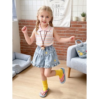 MuyoNowo Bé Gái Nhẹ Rửa Denim Ruffle Quần Short Hoa Nhỏ Thêu Eo Co Giãn Trẻ Em Mùa Hè Skort