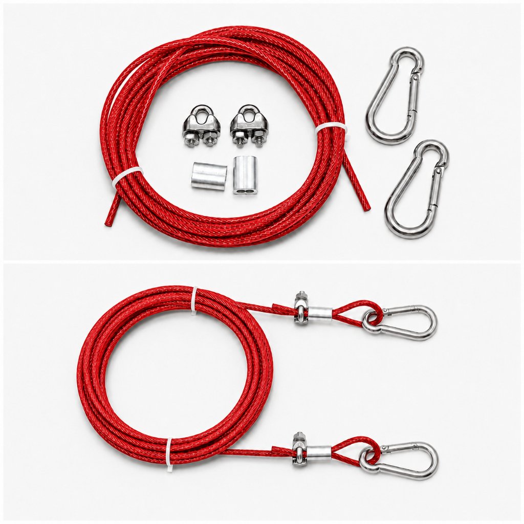 Bộ dây cáp dây thép màu đỏ 3mm 4mm PVC bọc song công kẹp khóa lò xo cho lều cắm trại Tán lan can Clothingline