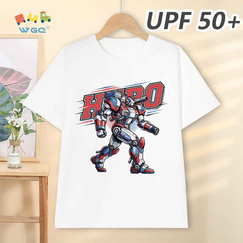 W.G.Q Áo thun bé trai，Phong cách mới mùa hè có chức năng chống nắng UPF50 +，Thoải mái mát mẻ，thấm mồ hôi thoáng khí，có in Mecha