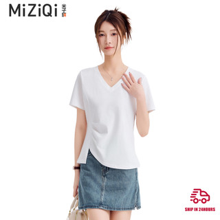 [MIZIQI] Áo thun ngắn tay cổ chữ V viền không đều mùa hè dành cho nữ, thiết kế xẻ bên hông dành cho nữ