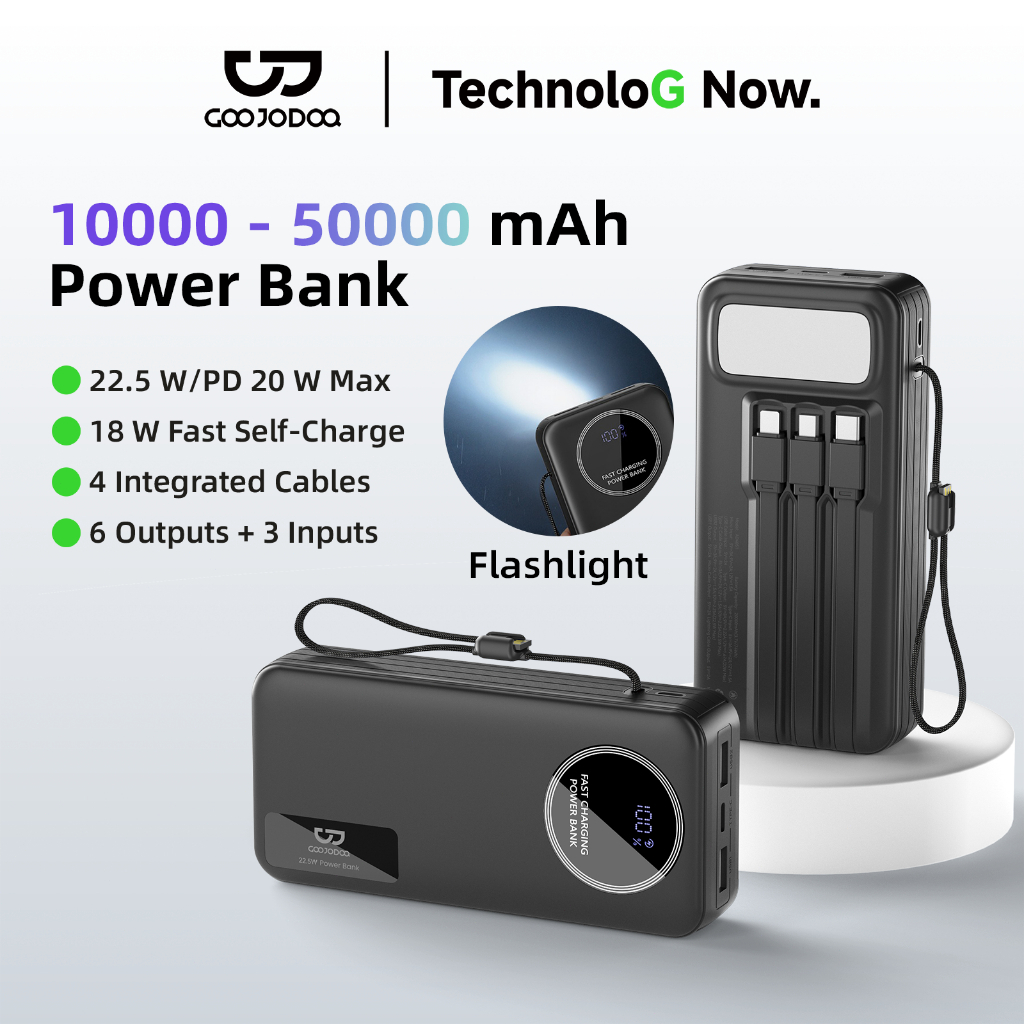 Pin dự phòng GOOJODOQ 50000mAh, 9 cổng, sạc nhanh PD 20W/22.5W, cáp tích hợp, màn hình hiển thị kỹ thuật số, có đèn pin. Thích hợp cho máy tính xách tay, điện thoại di động, cắm trại ngoài trời.