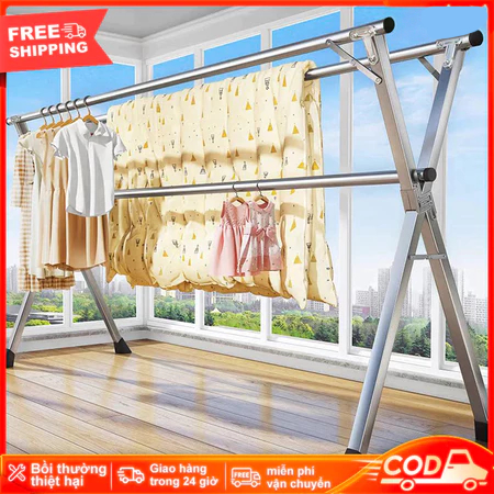 HOME FURNISHINGS Giá phơi quần áo có thể gập lại cao cấp có cần điều chỉnh – Thanh treo móc quần áo bằng thép không gỉ nhẹ và thiết thực