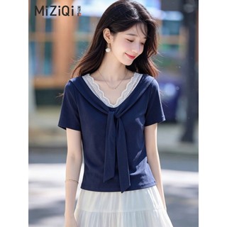 【MiZiQi】Áo thun ngắn tay cổ chữ V phối ren cho nữ, áo choàng ngắn tay mùa hè