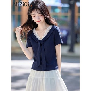 【MiZiQi】Áo thun ngắn tay cổ chữ V phối ren cho nữ, áo choàng ngắn tay mùa hè