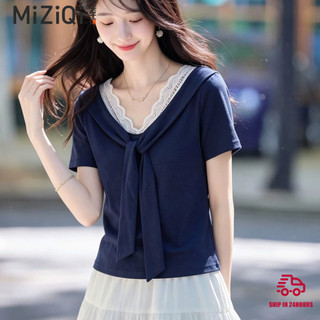 【MiZiQi】Áo thun ngắn tay cổ chữ V phối ren cho nữ, áo choàng ngắn tay mùa hè