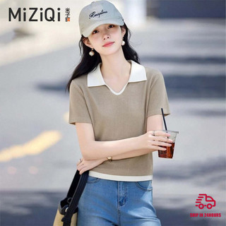 [MIZIQI] Áo thun ngắn tay thiết kế ve áo màu tương phản mùa hè dành cho nữ, Áo cổ chữ V đơn giản mùa