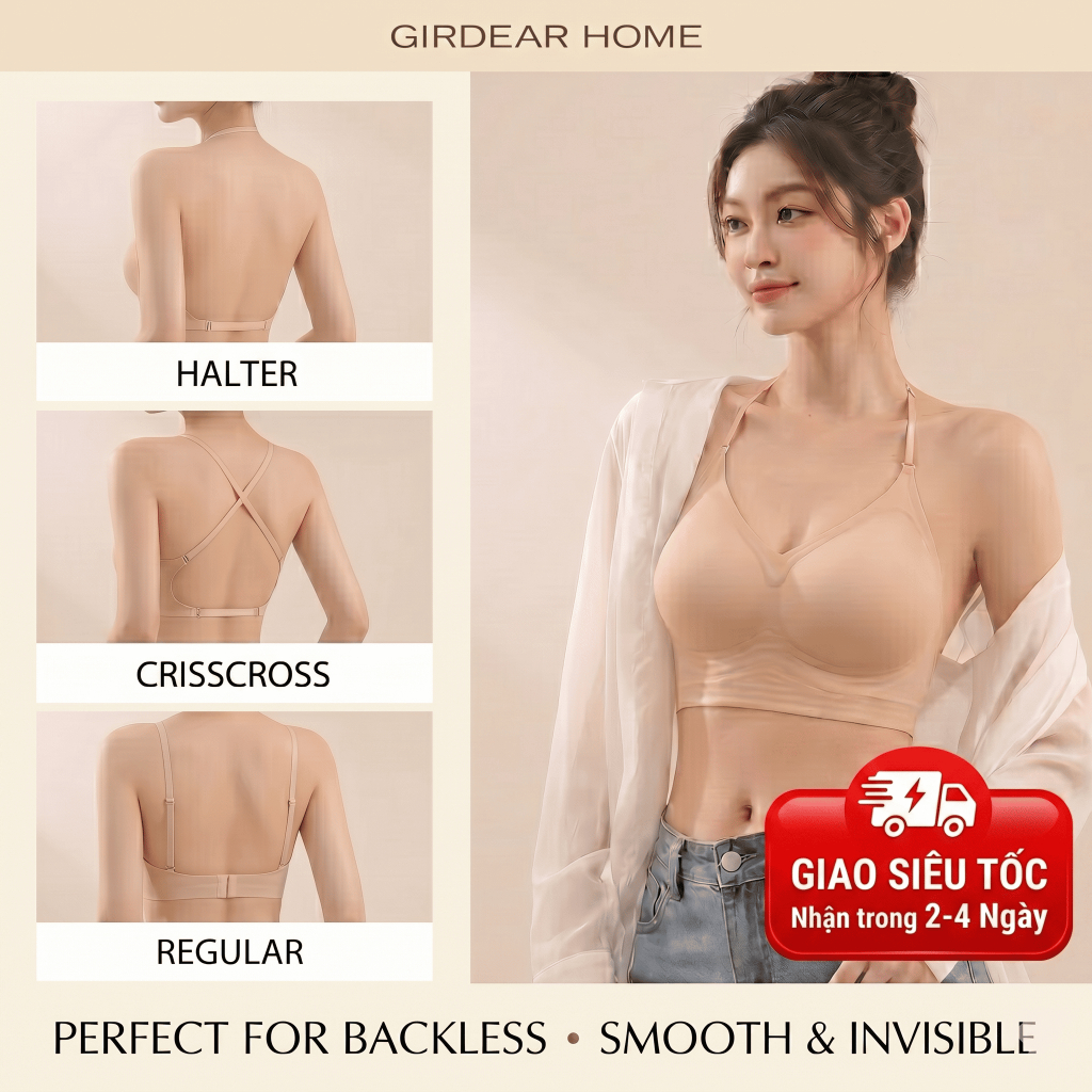 Girdear Home Áo Ngực Nữ Chéo Lưng Trần Cổ Haltơ Không Đường May Vô Hình Dây Mảnh Liền Dáng Chữ U Ngực Nhỏ Đẩy Lên,7631FJ02