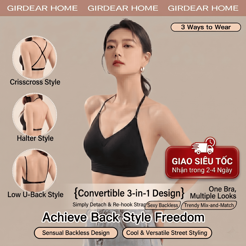 Girdear Home Áo Ngực Nữ Cổ Haltơ Lưng Trần Mùa Hè Dây Mảnh Giúp Ngực Nhỏ Đẩy Lên Trông To Hơn Không Đường May Màu Da Thiết Kế Chéo Vô Hình Dáng Chữ U,7631FJ02