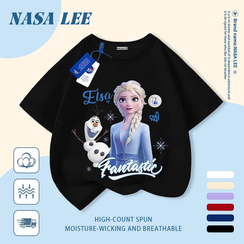 [Giao hàng trong ngày] Áo thun Cotton trắng nguyên chất thoáng khí cho trẻ em NASA Công chúa hoạt hình Elsa In hợp thời trang 3-16 tuổi Bé trai bé gái tay ngắn thông thường