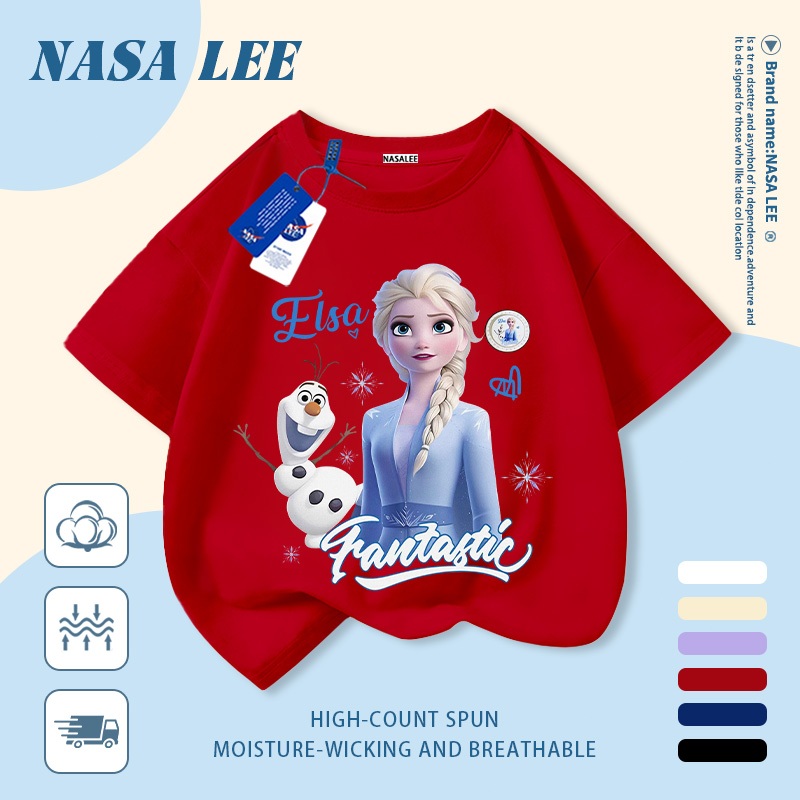 [Giao hàng trong ngày] Áo thun Cotton trắng nguyên chất thoáng khí cho trẻ em NASA Công chúa hoạt hình Elsa In hợp thời trang 3-16 tuổi Bé trai bé gái tay ngắn thông thường