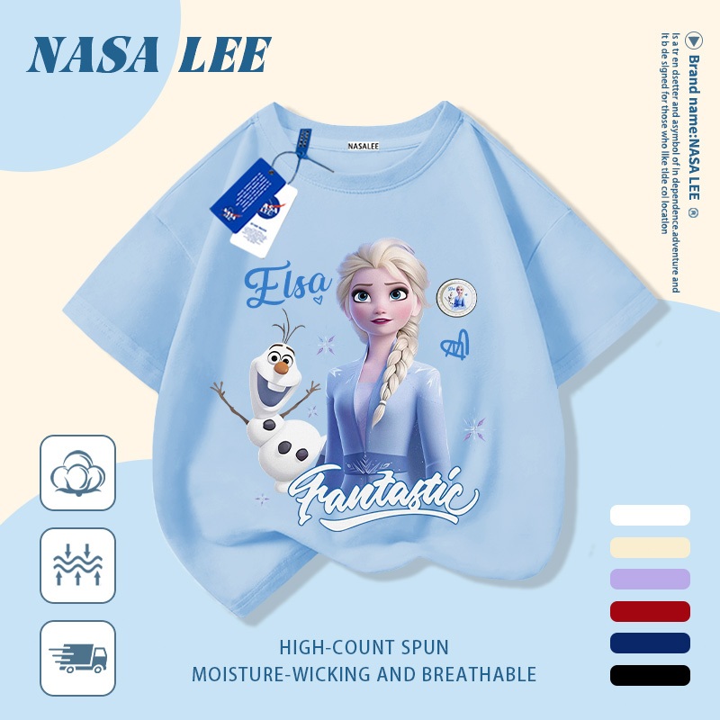 [Giao hàng trong ngày] Áo thun Cotton trắng nguyên chất thoáng khí cho trẻ em NASA Công chúa hoạt hình Elsa In hợp thời trang 3-16 tuổi Bé trai bé gái tay ngắn thông thường