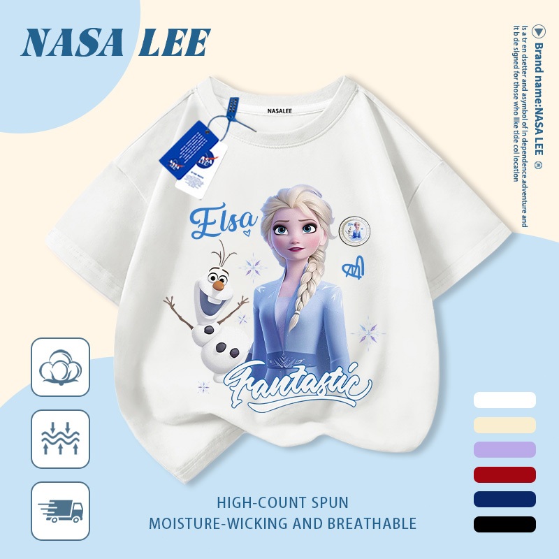 [Giao hàng trong ngày] Áo thun Cotton trắng nguyên chất thoáng khí cho trẻ em NASA Công chúa hoạt hình Elsa In hợp thời trang 3-16 tuổi Bé trai bé gái tay ngắn thông thường