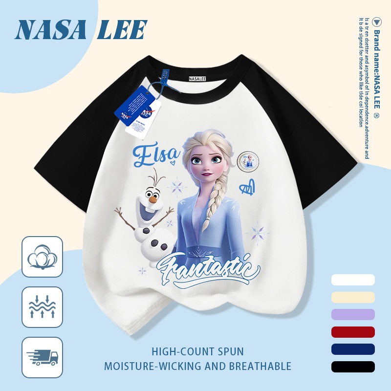 [Giao hàng trong ngày] Áo thun Cotton trắng nguyên chất thoáng khí cho trẻ em NASA Công chúa hoạt hình Elsa In hợp thời trang 3-16 tuổi Bé trai bé gái tay ngắn thông thường