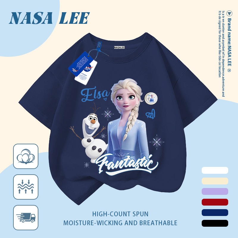 [Giao hàng trong ngày] Áo thun Cotton trắng nguyên chất thoáng khí cho trẻ em NASA Công chúa hoạt hình Elsa In hợp thời trang 3-16 tuổi Bé trai bé gái tay ngắn thông thường