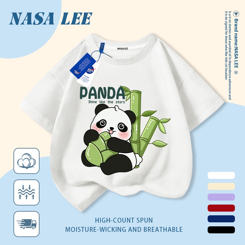 [Giao hàng trong ngày] Áo thun Cotton nguyên chất màu đen trắng cho trẻ em NASA Áo thun Cotton thoáng khí hoạt hình Gấu trúc tre in hình hợp thời trang dễ thương cho bé trai 3-16 tuổi bé gái tay ngắn thông thường