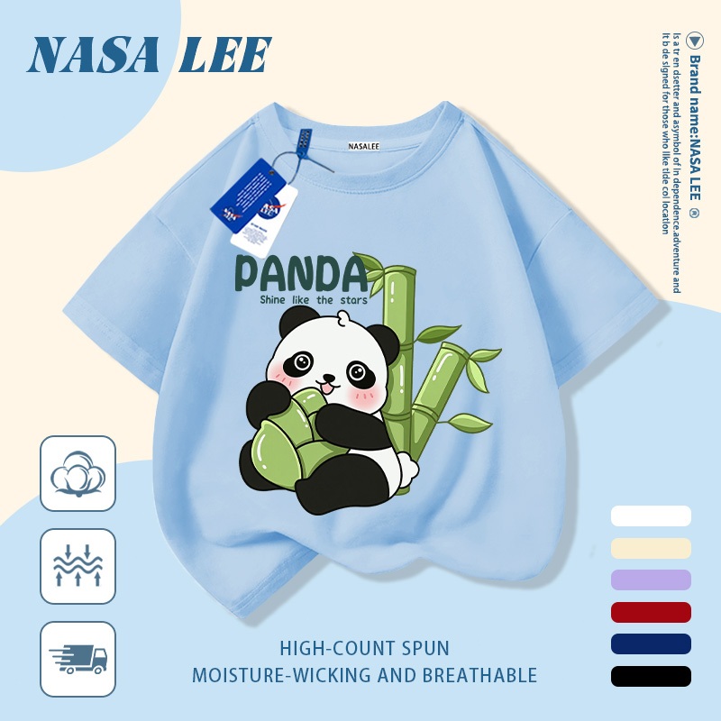 [Giao hàng trong ngày] Áo thun Cotton nguyên chất màu đen trắng cho trẻ em NASA Áo thun Cotton thoáng khí hoạt hình Gấu trúc tre in hình hợp thời trang dễ thương cho bé trai 3-16 tuổi bé gái tay ngắn thông thường