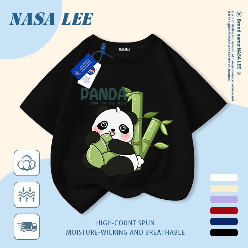 [Giao hàng trong ngày] Áo thun Cotton nguyên chất màu đen trắng cho trẻ em NASA Áo thun Cotton thoáng khí hoạt hình Gấu trúc tre in hình hợp thời trang dễ thương cho bé trai 3-16 tuổi bé gái tay ngắn thông thường