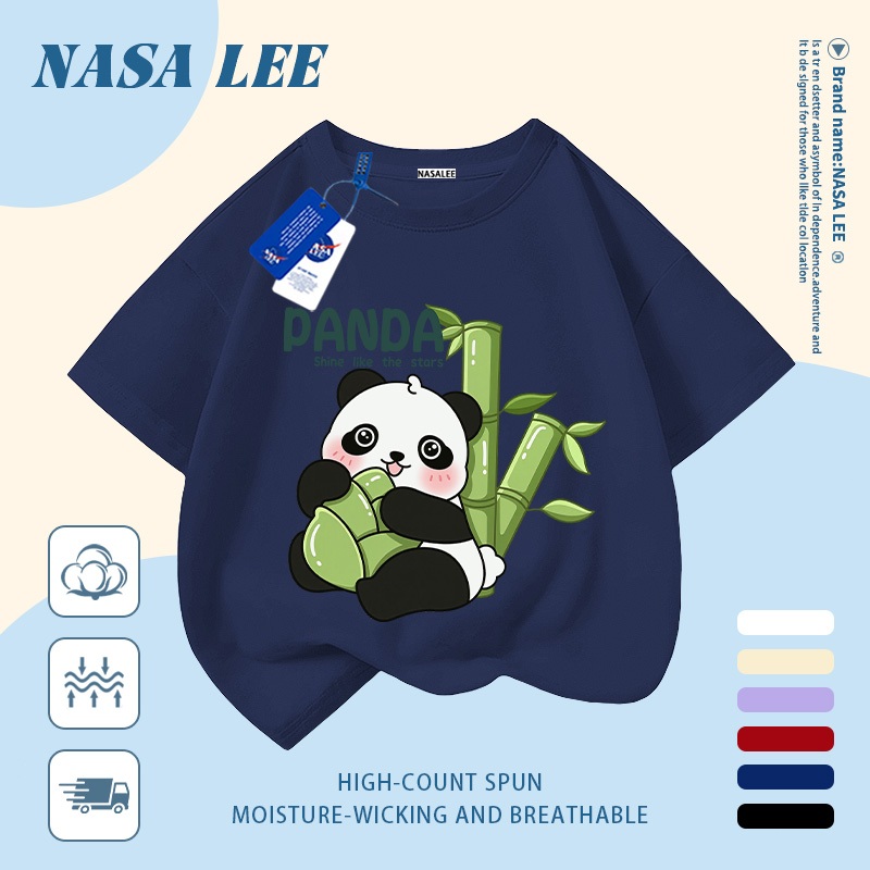 [Giao hàng trong ngày] Áo thun Cotton nguyên chất màu đen trắng cho trẻ em NASA Áo thun Cotton thoáng khí hoạt hình Gấu trúc tre in hình hợp thời trang dễ thương cho bé trai 3-16 tuổi bé gái tay ngắn thông thường