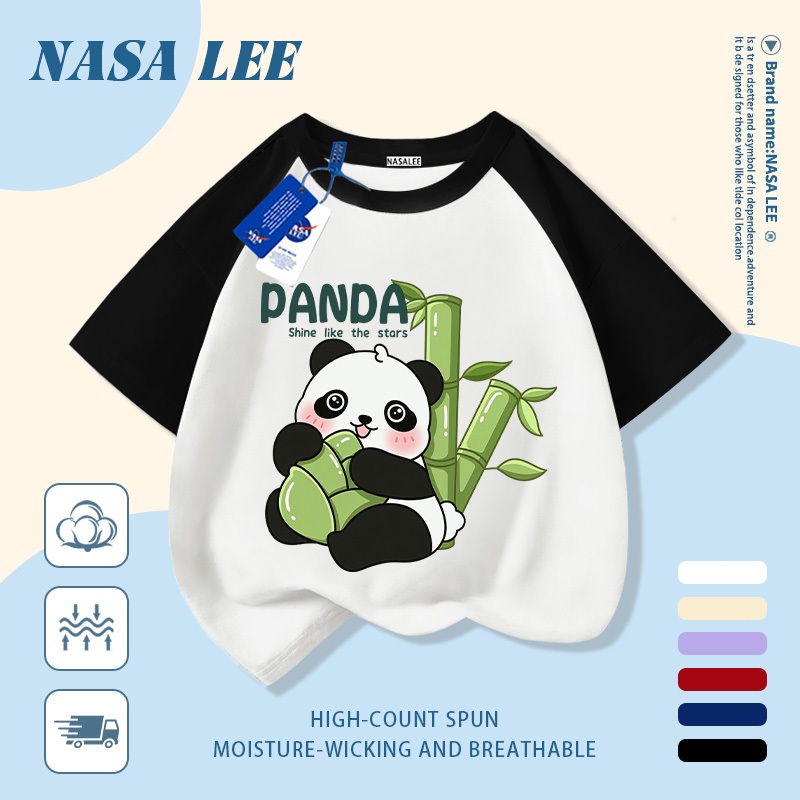 [Giao hàng trong ngày] Áo thun Cotton nguyên chất màu đen trắng cho trẻ em NASA Áo thun Cotton thoáng khí hoạt hình Gấu trúc tre in hình hợp thời trang dễ thương cho bé trai 3-16 tuổi bé gái tay ngắn thông thường