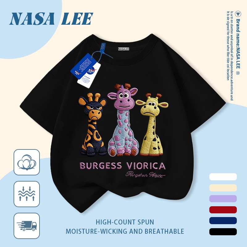 [Giao hàng trong ngày] Áo thun Cotton nguyên chất sọc trắng xanh cho trẻ em NASA Áo thun Cotton thoáng khí hoạt hình Hươu cao cổ in hợp thời trang 3-16 tuổi Bé trai bé gái tay ngắn thông thường