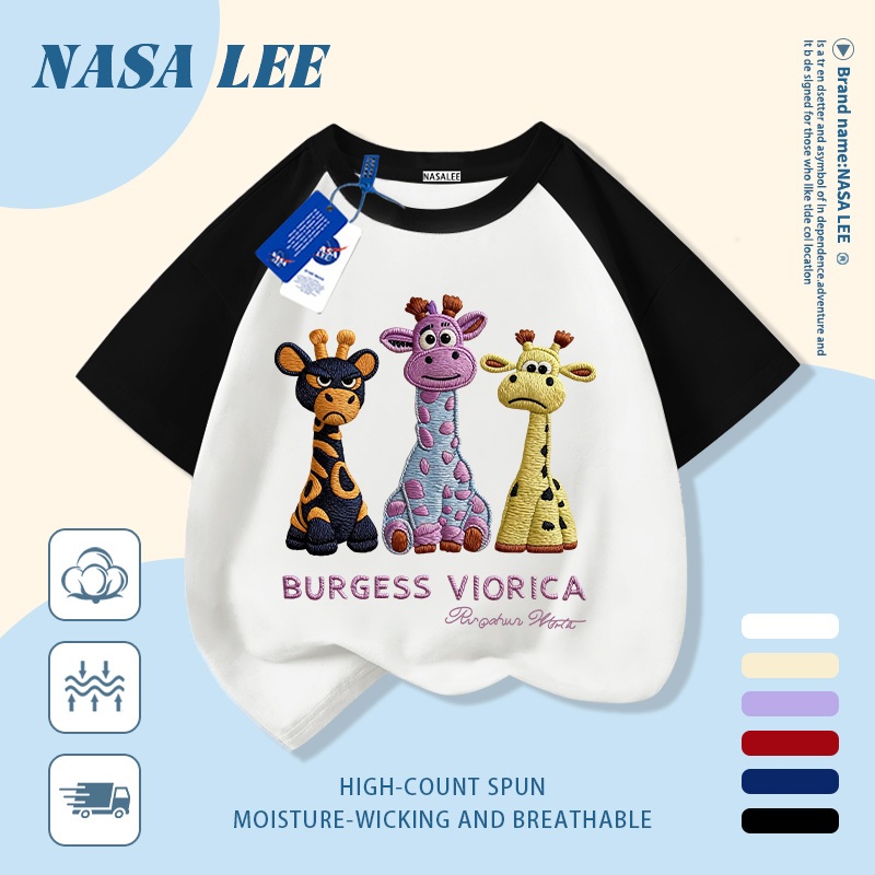 [Giao hàng trong ngày] Áo thun Cotton nguyên chất sọc trắng xanh cho trẻ em NASA Áo thun Cotton thoáng khí hoạt hình Hươu cao cổ in hợp thời trang 3-16 tuổi Bé trai bé gái tay ngắn thông thường