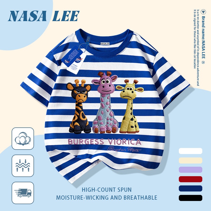 [Giao hàng trong ngày] Áo thun Cotton nguyên chất sọc trắng xanh cho trẻ em NASA Áo thun Cotton thoáng khí hoạt hình Hươu cao cổ in hợp thời trang 3-16 tuổi Bé trai bé gái tay ngắn thông thường