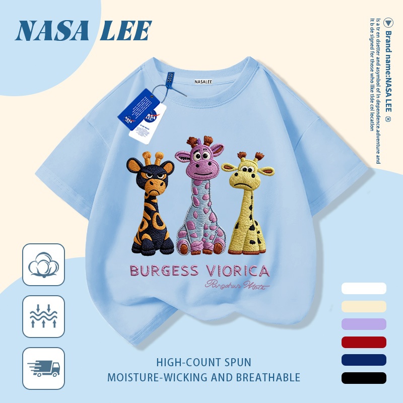 [Giao hàng trong ngày] Áo thun Cotton nguyên chất sọc trắng xanh cho trẻ em NASA Áo thun Cotton thoáng khí hoạt hình Hươu cao cổ in hợp thời trang 3-16 tuổi Bé trai bé gái tay ngắn thông thường