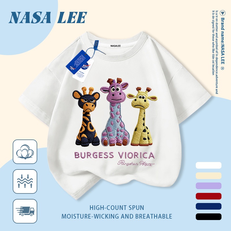 [Giao hàng trong ngày] Áo thun Cotton nguyên chất sọc trắng xanh cho trẻ em NASA Áo thun Cotton thoáng khí hoạt hình Hươu cao cổ in hợp thời trang 3-16 tuổi Bé trai bé gái tay ngắn thông thường