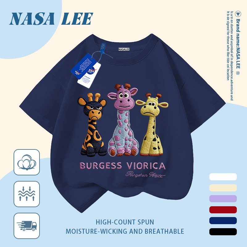 [Giao hàng trong ngày] Áo thun Cotton nguyên chất sọc trắng xanh cho trẻ em NASA Áo thun Cotton thoáng khí hoạt hình Hươu cao cổ in hợp thời trang 3-16 tuổi Bé trai bé gái tay ngắn thông thường