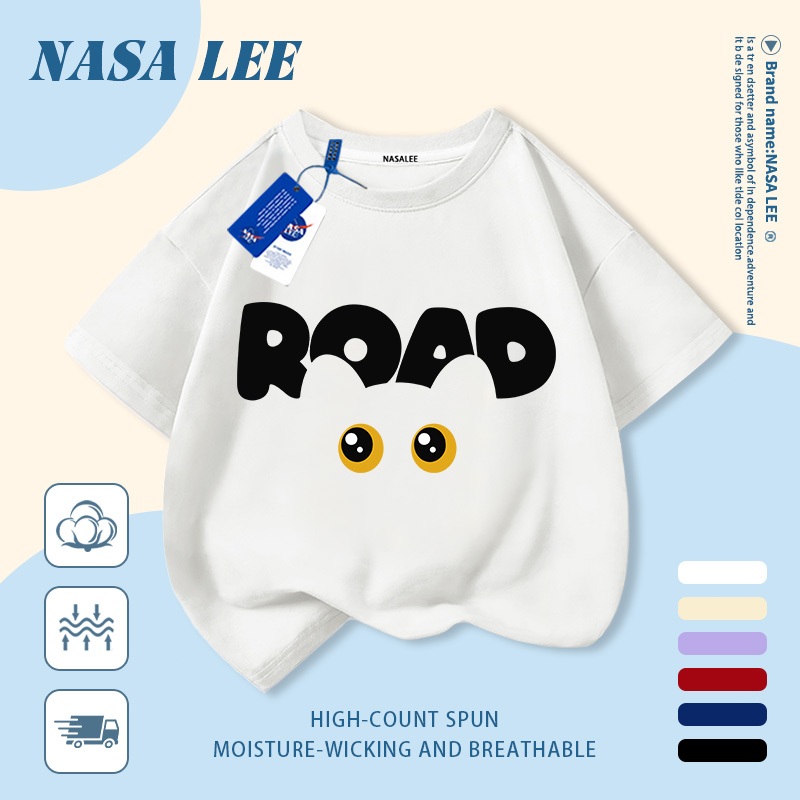 [Giao hàng trong ngày] Áo thun Cotton nguyên chất màu xanh hải quân cho trẻ em NASA Áo thun Cotton thoáng khí Thiết kế chữ hoạt hình In hợp thời trang 3-16 tuổi Bé trai bé gái tay ngắn thông thường